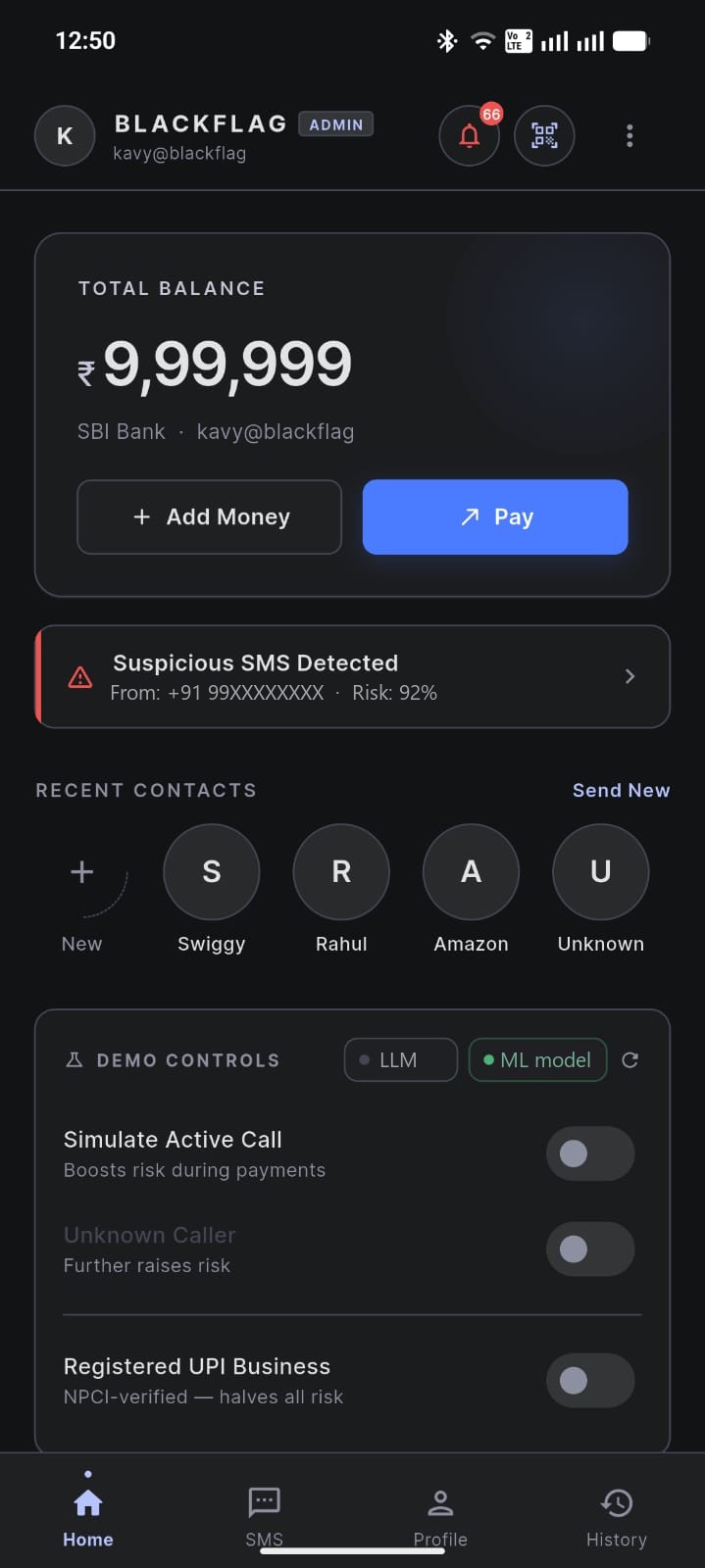 Home screen with a red banner reading suspicious SMS detected, from a masked number, risk 92 percent.