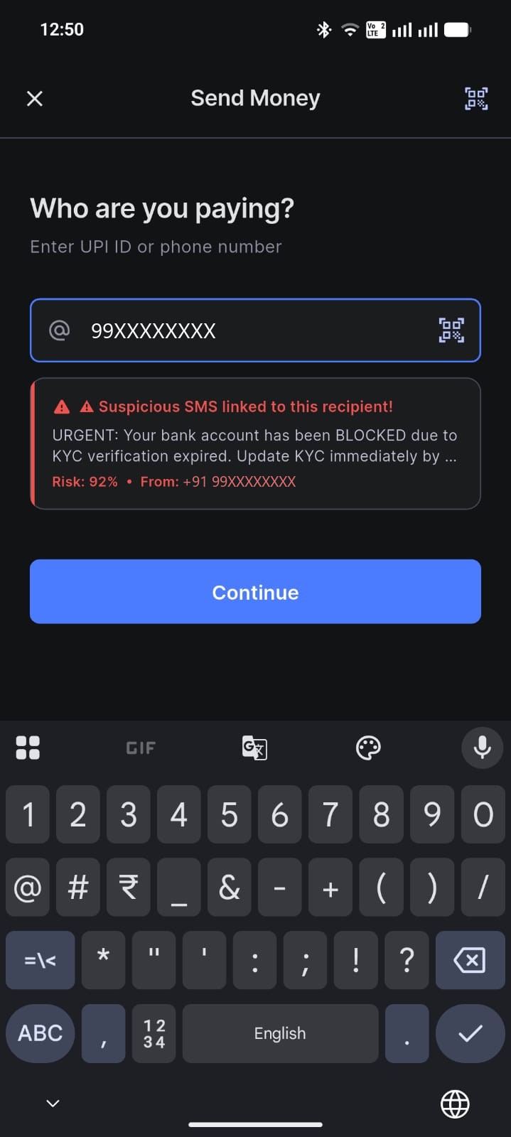 Send money screen. A masked number is entered and a warning reads suspicious SMS linked to this recipient.