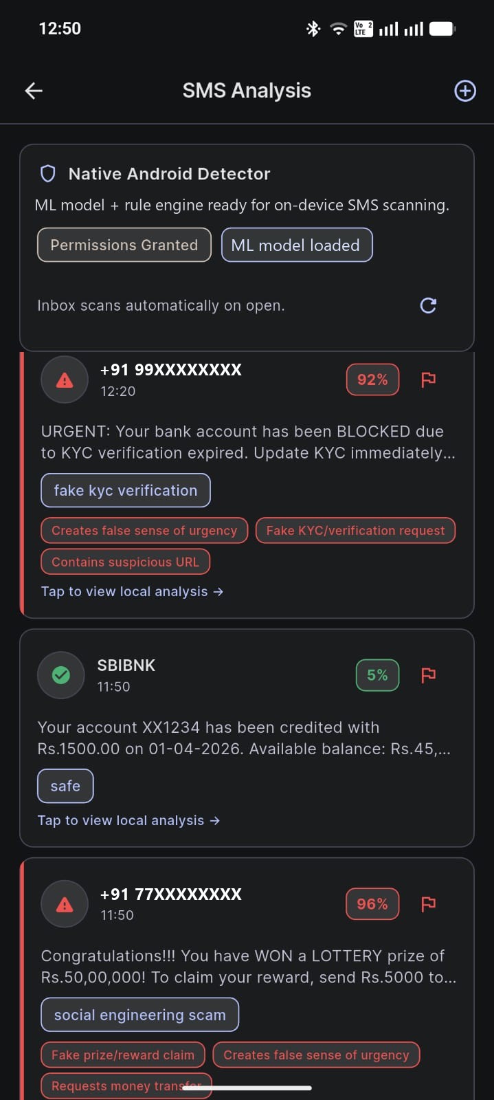 SMS analysis list. A KYC scam is marked 92 percent, a bank credit alert 5 percent, and a lottery scam 96 percent, each with its detected signals.