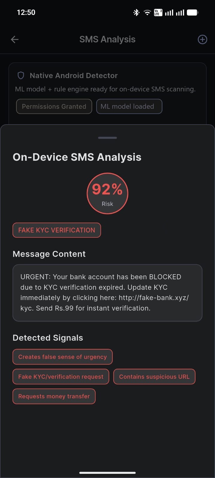 On-device SMS analysis: a 92 percent risk reading, the label fake KYC verification, the message text, and four detected signals.